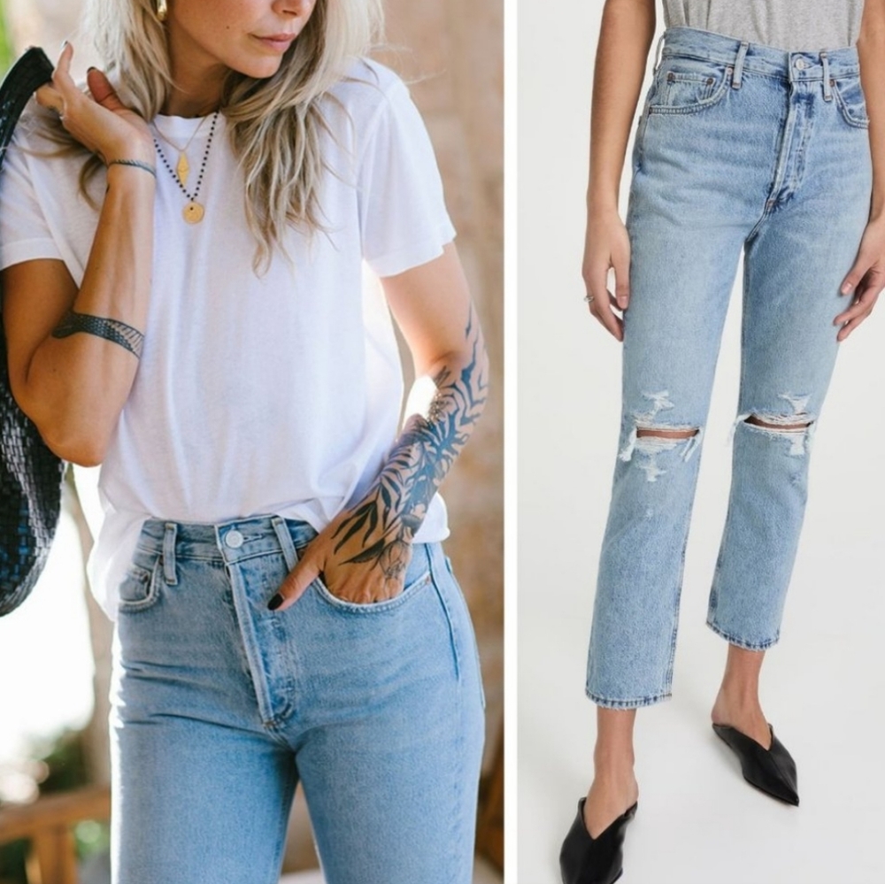NWT AGOLDE Riley High Rise Straight Crop Distressed jeans in clear skies
